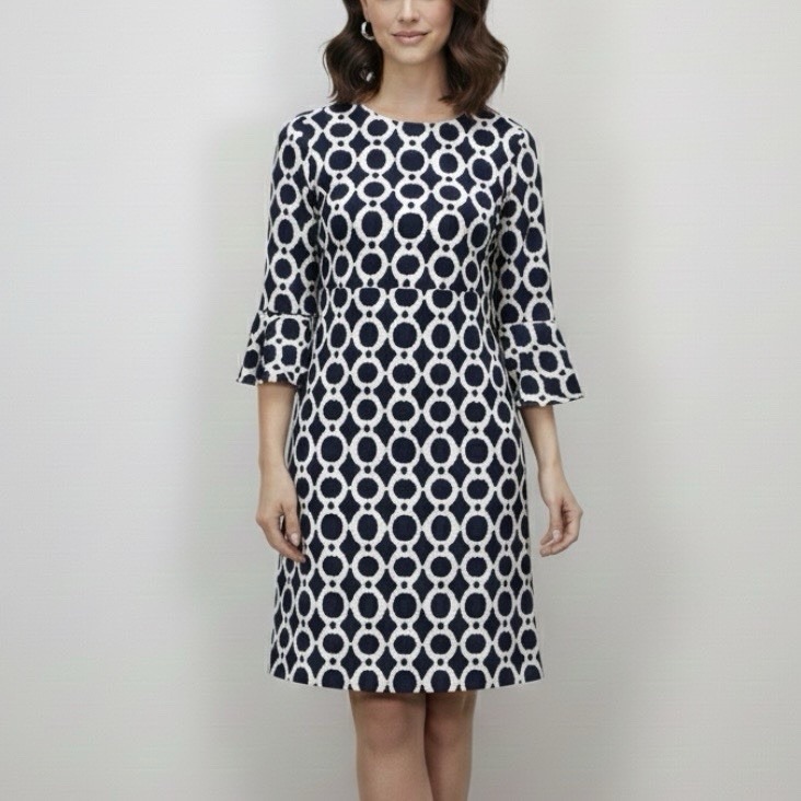 Jude Connally Navy Blue Geo 3/4 Bell Sleeve Lyla Dress Size Small